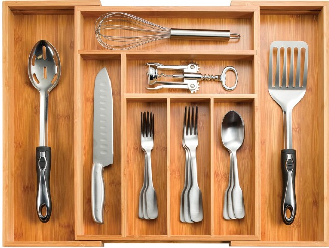 Bamboo kitchen drawer organizer with utensils